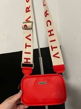 Red Crossbody Bag with Logo Canvas Strap